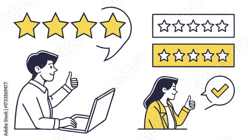 People giving thumbs up with star ratings and checkmark