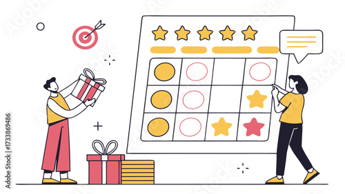 People interacting with a star rating and gift boxes