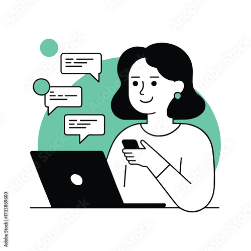 Vector art of woman using laptop and smartphone for communication, she is chatting with friends and working on her computer at the same time