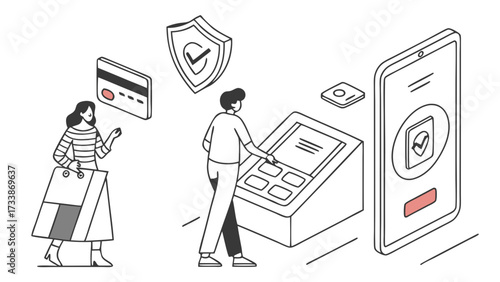 People using payment terminal and mobile phone credit card