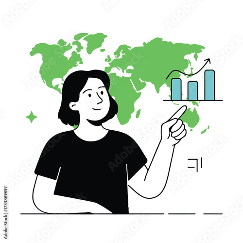 Vector art of woman pointing at a business graph on a world map, she is analyzing the data and planning for future growth