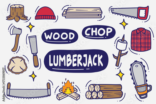 set of lumberjack doodle with color good for wallpaper, background, element design, icon, etc