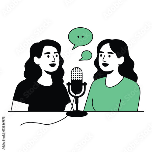 Vector art of two women are recording a podcast with a microphone, they are talking and smiling, with speech bubbles above them, vector illustration