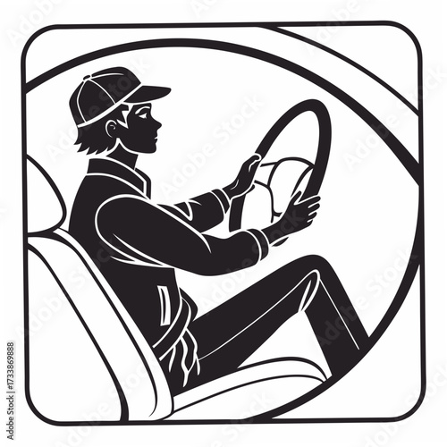 Person driving car interior black and white graphic