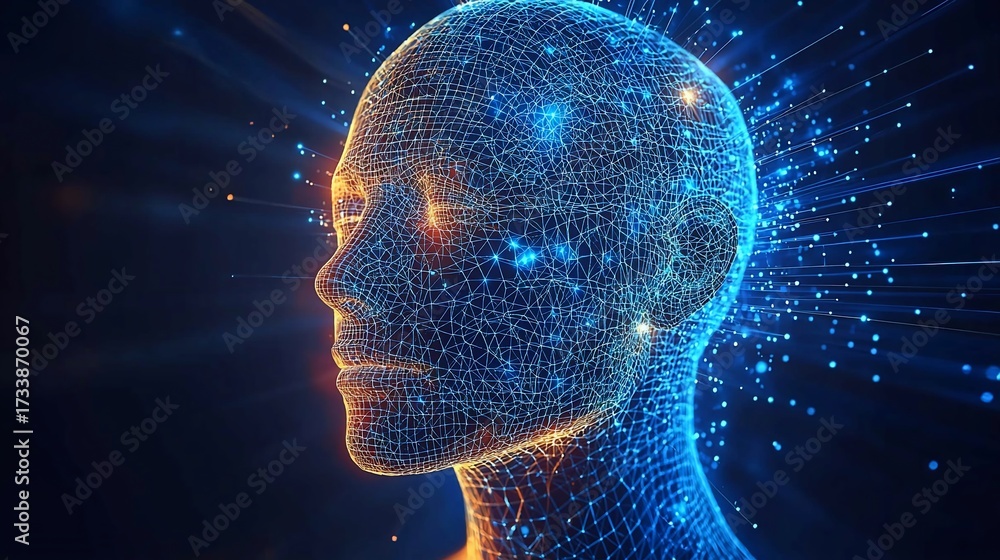Obraz premium Abstract grid head with glowing nodes, representing AI/technology