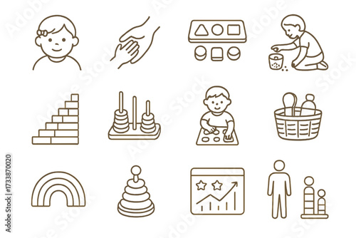 Montessori Education Icons Set. Linear icon set illustrating Montessori education elements and early childhood development.