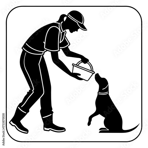 Person feeding dog from bucket vector icon