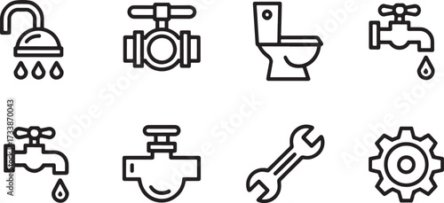Black and white plumbing icons set with showerhead, toilet, faucet, wrench, valve and gear in minimalist line style.