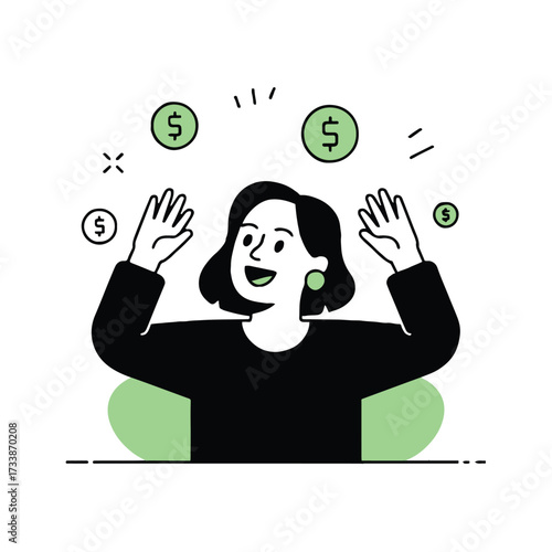 Vector art of a happy woman is surrounded by money, she is raising her hands in the air, with dollar signs floating around her, vector illustration