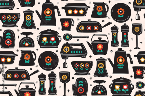 retro vintage kitchen utencils tools cookware in black white with colorful florals on cream beige background seamless pattern, vector illustration mid mod repeat  design