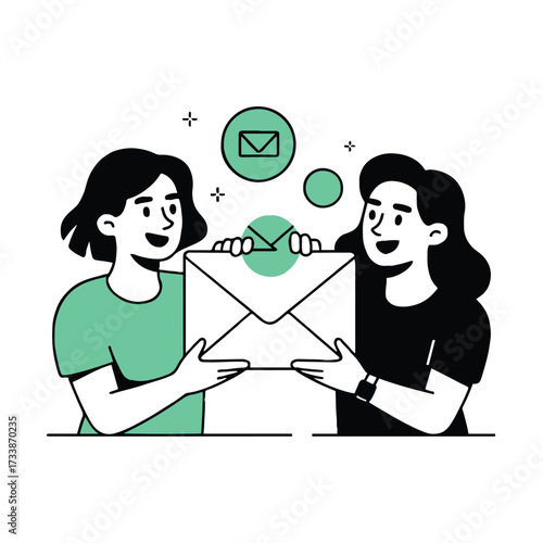 Vector art of two women are holding a large envelope, they are smiling and working together, with mail icons above them, vector illustration