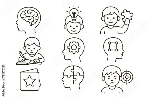 Child Brain Development and Education Icons Set. Linear vector icons representing child brain development