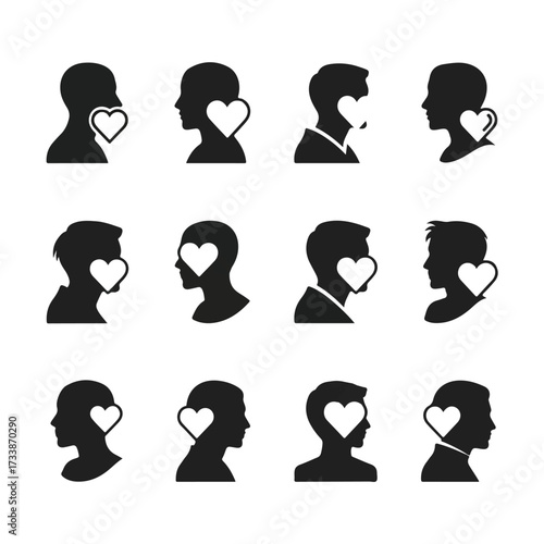 Silhouetted heads display hearts near their faces, symbolizing love and affection in a minimalist and conceptual style.