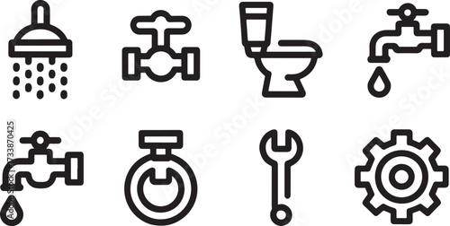 Black and white plumbing icons set with showerhead, toilet, faucet, wrench, valve and gear in minimalist line style.