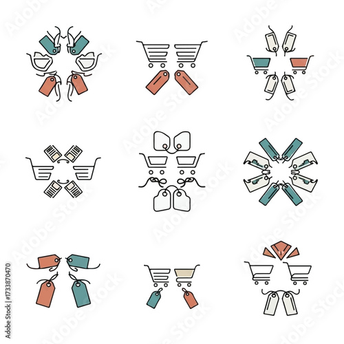 Shopping carts and tags arranged in a radial pattern representing retail sales and consumerism on a white surface, creating a modern and minimalist aesthetic.