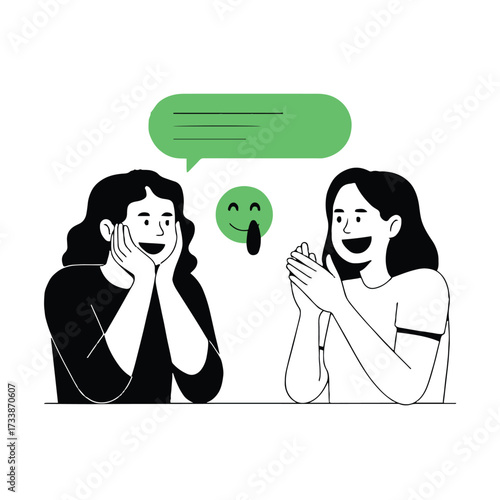 Vector art of two women are talking and laughing, with emoticons floating above them, they are enjoying each others company and having fun
