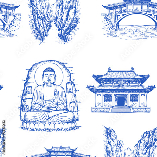 Toile de Jouy style seamless pattern with Chinese landmarks and elements. Vintage sketch of Yungang Grottoes, Erlang Temple, Baoji Lan Bridge, Three Gorges of the Yangtze River