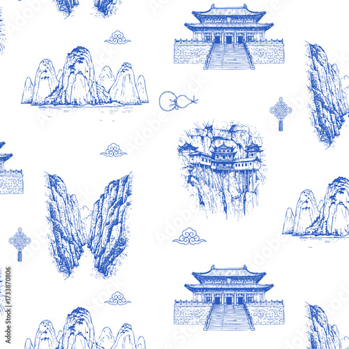 Toile de Jouy style seamless pattern with Chinese landmarks and elements. Vintage sketch of Hanging Monastery, Three Gorges of the Yangtze River,  and Li River Karst Mountains and Dai Temple Main Hall