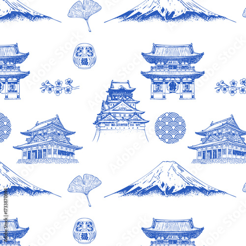 Toile de Jouy style seamless pattern with Japanese landmarks and elements. Vintage sketch of Himeji Castle, Seigaiha Wave Pattern, Fuji mountain, Daruma Doll, Osaka castle, Senso-ji Temple and Gingko 