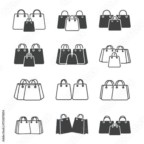 Shopping bags arranged in groups representing retail therapy and consumerism on white, symbolizing modern commerce and shopping experience.