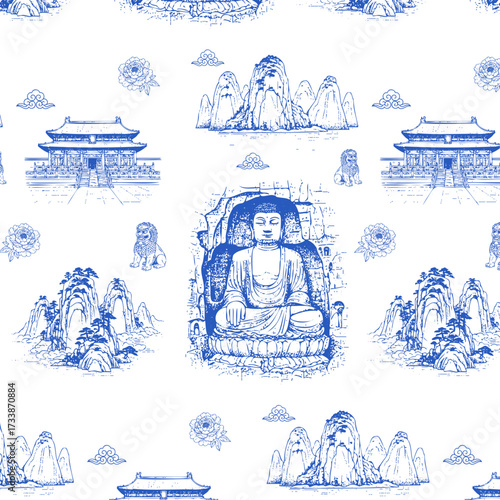 Toile de Jouy style seamless pattern with Chinese landmarks and elements. Vintage sketch of Forbidden city, Longmen Grottoes, Mount Huangshan and Li River Karst Mountains