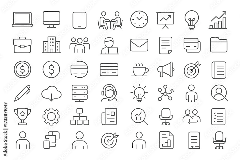 Fototapeta premium Business and Office Line Icons Set.Minimal linear icon set of business and office concepts. Includes laptop, teamwork, handshake, calendar