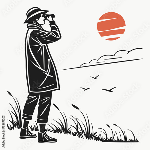 Person in hat and coat looking through binoculars at birds and sun