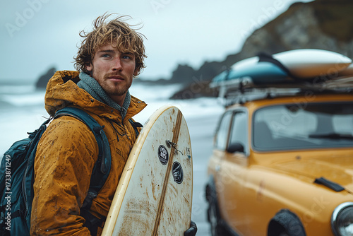 A young man in a yellow raincoat holds a surfboard by the beach, with a vintage car and surfboards in the background, conveying a bold, adventurous spirit.