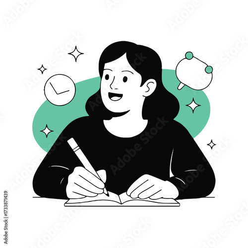 Vector art of a woman is writing in a notebook with a pen, she is wearing a black shirt and has a happy expression, surrounded by stars