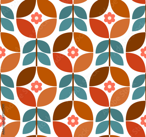 geometric 70s retro flowers blooms and leaves in muted brown teal ocher terracotta seamless pattern, vector illustration mid mod floral repeat design print