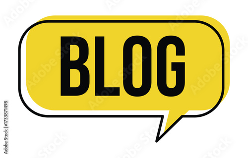 A bright yellow speech bubble with the word blog in bold black letters