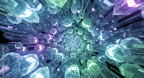 Abstract Tunnel of Crystalline Structures with Shimmering Light Effects