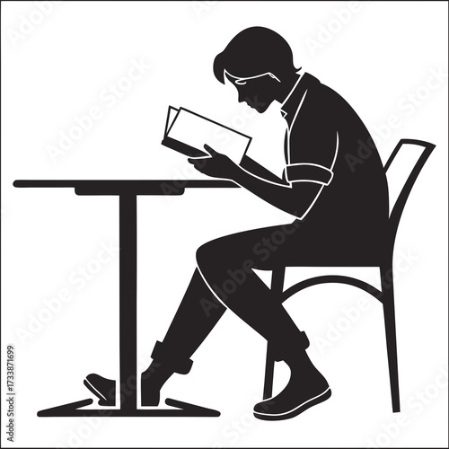 Person sitting at table reading a book vector