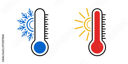 Abstract thermometer measure indicator set vector design with snowflake and sun symbol. Creative weather meteorology icon, summer, winter season illustration. 
