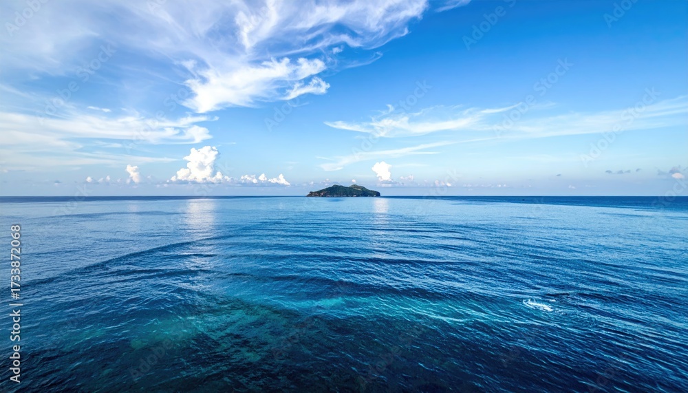 Fototapeta premium Seascape View of Deep Blue Sea with Distant Island Under a Partly Cloudy Sky