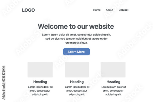 Minimal web page layout template — modern website wireframe design with sections for about, services, contact and call to action
