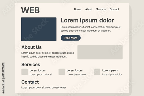 Minimal web page layout template — modern website wireframe design with sections for about, services, contact and call to action