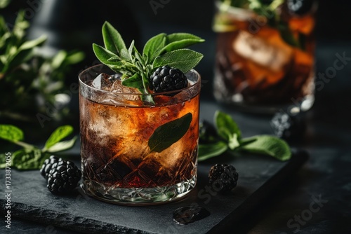 Dark and delicious blackberry cocktail garnished with fresh herbs.