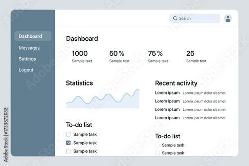 Modern web dashboard interface template — admin panel UI design with statistics, to-do list, and recent activity
