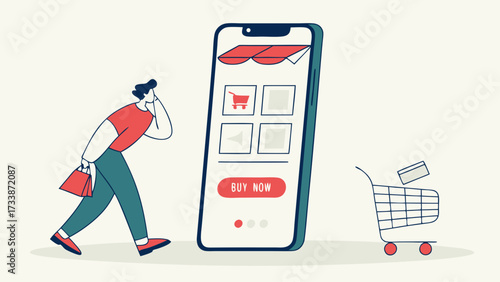 Person with shopping bags looking at smartphone with buy now button