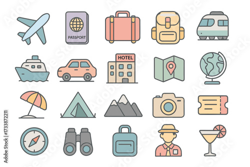 Travel and tourism vector icon set — simple line style symbols for vacation, adventure, transportation, and journey design