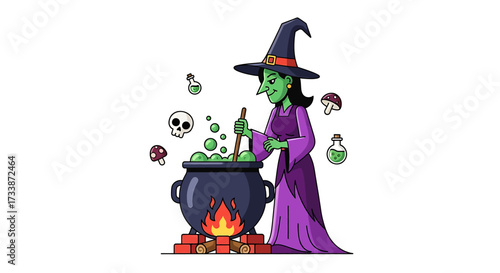 Green-skinned witch in a purple dress and pointed hat stirring a bubbling potion in a black cauldron over a fire, surrounded by magical elements.