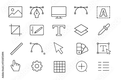 Graphic design and UI tools vector line icons set with pen tool, crop, text, color picker, and layers in minimalist outline style