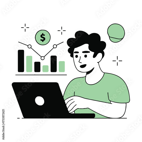 Vector art of a young man is working on his laptop, analyzing the companys financial data and sales growth, he is happy with the results