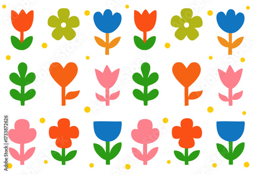 Colorful abstract flowers shapes vibrant leaves and bold patterns