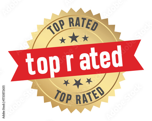 Golden top rated badge with a red ribbon banner design