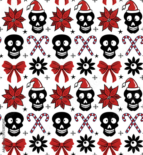 fun whimsy christmas skulls and poinsettias in black red white seamless pattern, vector illustration repeat design