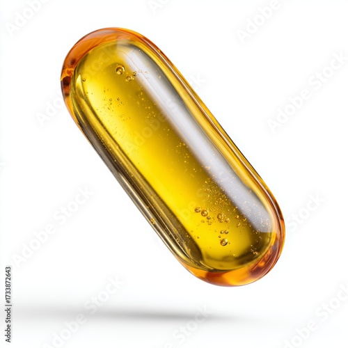 A close-up view of a golden capsule containing liquid substance. This dietary supplement showcases the essential nutrients. 