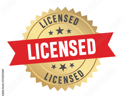 Gold licensed badge with red ribbon design quality assurance symbol