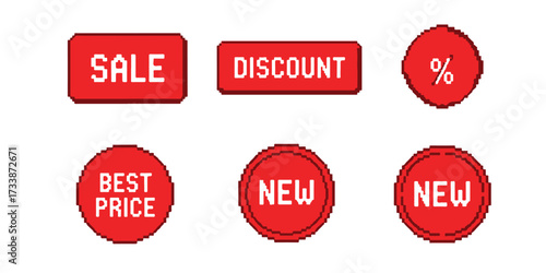 A collection of six red sale tags, including 'Sale', 'Discount', 'New', and 'Best Price' labels, along with a percentage sign.